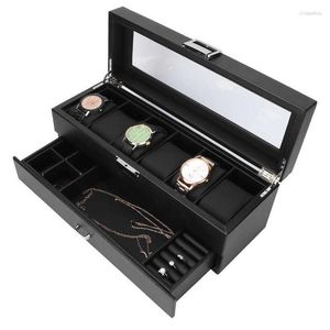 Horlogedozen 6 Slots Luxe Display Box Koolstofvezel Organizer Sieraden Bril Opbergdoos Met Deksel Voor Horlogemaker Zwart