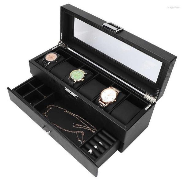 Cajas de reloj 6 ranuras caja de exhibición de lujo organizador de fibra de carbono caja de almacenamiento de gafas de joyería con tapa para relojero negro