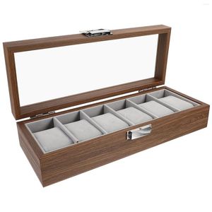 Walnut Wood Watch Display Box Organizer for 6 Watches, Transparent Jewelry Storage Case for Travel