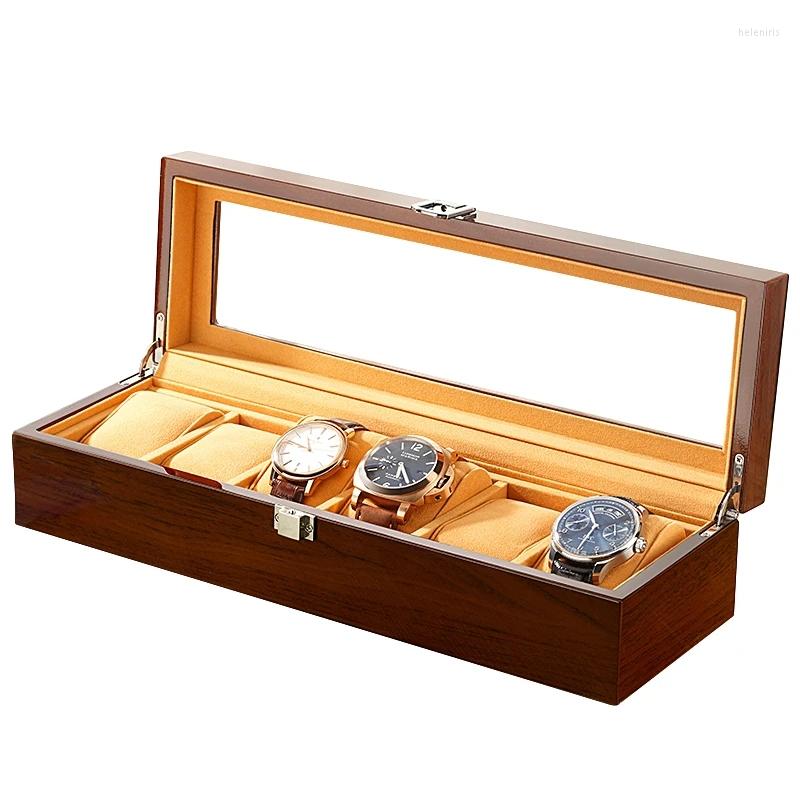 Bekijk dozen 6 slots houten doos venster open houder bruine organizer horloges ring opslag case sieraden display rechthoekige showcase