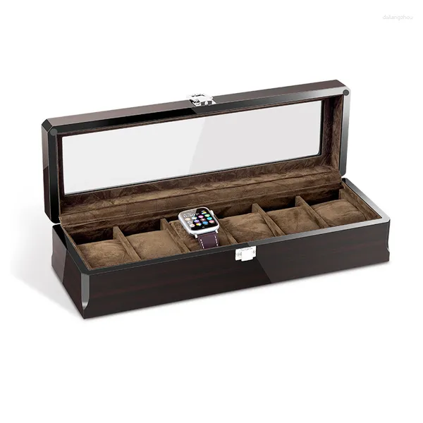 Cajas de reloj con 6 ranuras, organizador de caja de madera para hombres, almacenamiento de ébano, relojes de lujo, vitrina de cristal, ataúd de madera