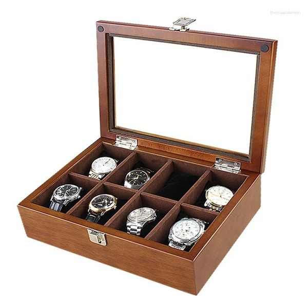 Boîtes de montre 8 fentes, organisateur en bois de café avec support mécanique en verre, cadeau pour femmes