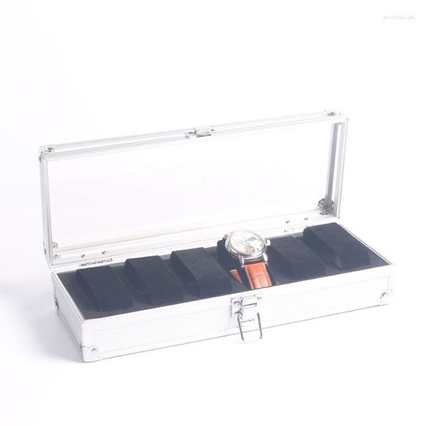 Mira las cajas de la caja de aluminio Organizador de la caja de aluminio 6 Ranuras Almacenamiento Transparente Skylight Relojes Mecánicos Pantalla de colección