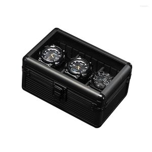 Bekijk dozen zwarte kleur gestructureerde aluminium legering 3 roosters opbergkast voor horloges met glazen top