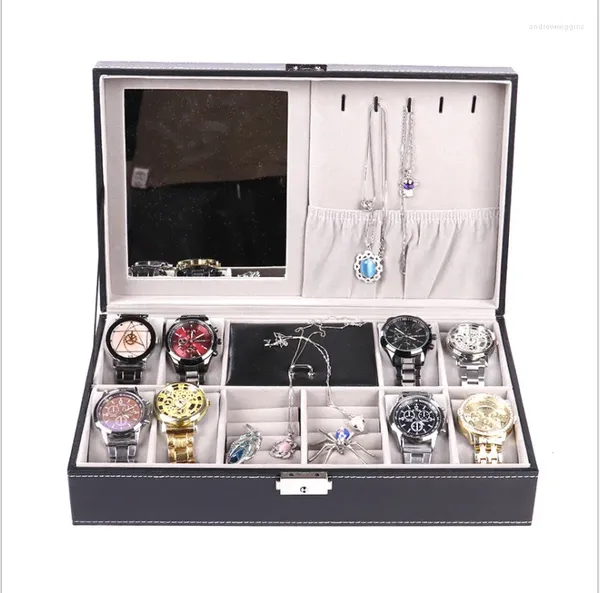 Cajas para relojes Caja de almacenamiento de joyas de cuero negro, organizador de exhibición de anillos y collares con espejo de maquillaje, regalo de muñeca