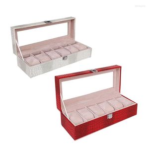 Watch Boxes Box Large 6 Hommes Femmes Crocodile Grain Leather Display Glass Top Jewelry Case