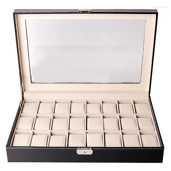 Cajas para relojes, caja organizadora para hombres y mujeres, cuero Pu, 24 ranuras, soporte de almacenamiento con tapa de cristal con cerradura, color negro