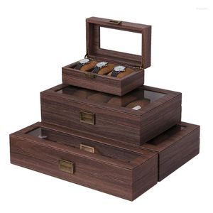 Bekijk dozen bruin vintage doos 3/6/10/12 slots houten luxe opslag organizer pu lederen binnen zacht kussen display