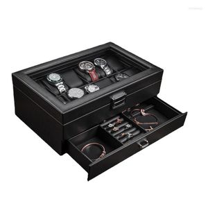 Boîtes de montre en Fiber de carbone, boîte de rangement de bijoux en cuir, bague, Bracelet, étui noir, organisateur d'oreillers, idées cadeaux