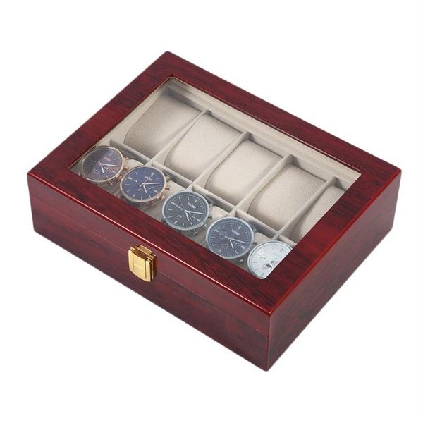 Montres Boîtes Cas 10 Grilles Rétro Rouge En Bois Vitrine Durable Emballage Titulaire Bijoux Collection Stockage Organisateur Boîte Caske233P