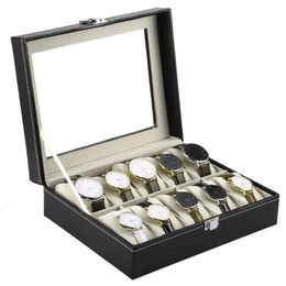 Boîtes de montres en cuir PU, 10 grilles, support de montre-bracelet, vitrine de montres, boîtes de rangement rectangulaires pour bijoux FO 331S