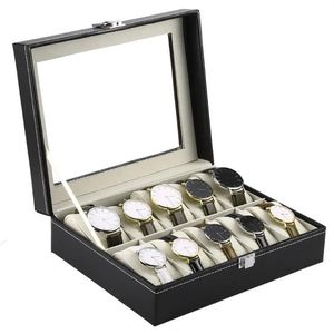 Montres Boîtes Cas 10 Grilles Montre-Bracelet Boîte Titulaire En Cuir PU Montres Vitrine Rectangle Bijoux Boîtes De Rangement FO 300l