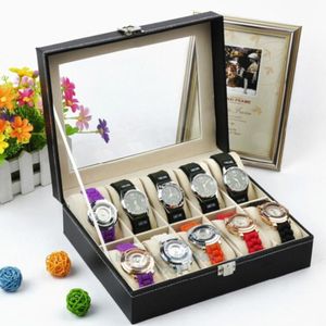 Horlogedozen Cases 10 Slot Leather Watch Box Glass Top Watch Sieraden Display Case Organizer Business Watch Storage Organizer met verwijderbaar kussen 230603