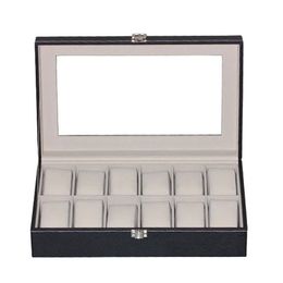 Boîtes de montres 12 grilles, présentoir en cuir, support de rangement noir, organisateur de bijoux en verre pour hommes et femmes, cadeau 230214