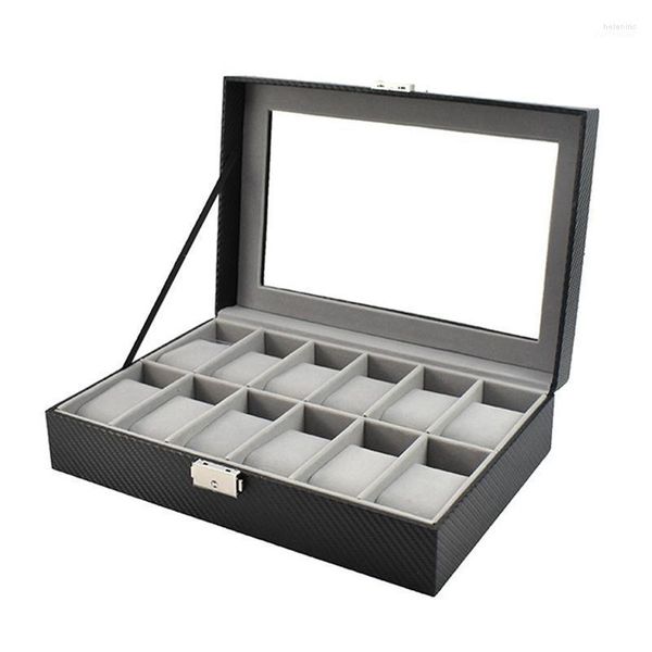 Cajas para relojes Estuches Soporte de caja de 12 ranuras con cubierta de vidrio Almacenamiento de madera de terciopelo gris en cuero de fibra de carbono Hele22