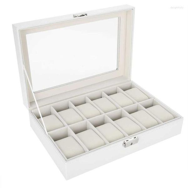 Cajas de reloj Estuches 12 ranuras Rejillas Caja de almacenamiento PU Cuero Blanco Joyería Pulsera Soporte de exhibición Organizador Estuche de muñeca Regalo Deli22