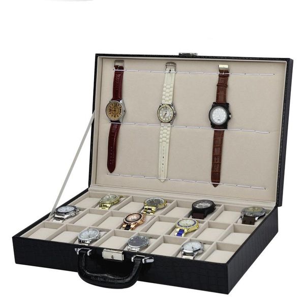 Boîtes de montres 24 grilles, valise en cuir d'alligator noir, présentoir, boîte de rangement, support d'horloge