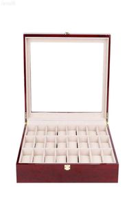 Boîtiers de montre 24 machines à sous Red Bright Lacquer Boîte en bois Organisateur Luxury Grand bijoux Affichage Boîte de rangement Coussins Coussinets en bois GIF2221013