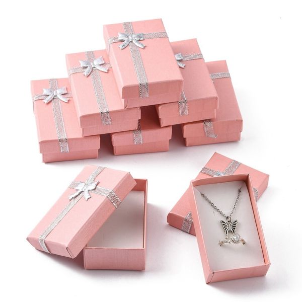 Cajas de reloj Estuches 24 piezas Cajas de regalo de joyería de cartón Exhibición para caja de embalaje de joyería Rosa con lazo y esponja en el interior 80x50x25mm 230404