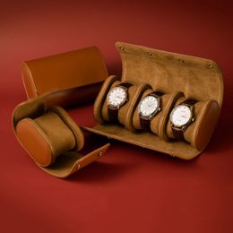 Boîtes de montres étuis 3 fentes montre rouleau rétro étui de voyage chic portable rétro cuir affichage 2 1 bijoux bracelet boîte de rangement glissé dans les organisateurs 230619