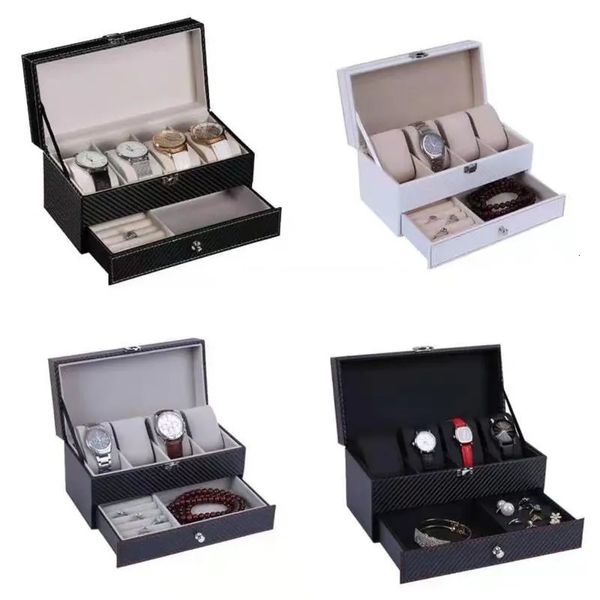 Watch Boxes Cases 4 grilles Double boîtier de montre en Fiber de carbone/6 ceintures support de boîte de montre organisateur boîte de rangement pour boîtes à bijoux à Quartz affichage cadeau 231128