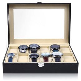 Horlogedozen Cases 6/10/12 raster lederen horlogedoos display box houder zwarte opbergdoos glas sieraden organisator geschenkdoos 230725
