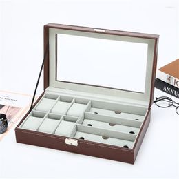 Uhrenboxen Hüllen 6 Slot PU Leder abschließbare Aufbewahrung Männer Frauen Schmuck Display 3 Slots Brillen Organizer Showcase Deli22