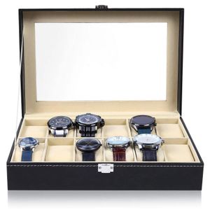 Boîtes de montres Cas 61012 Grilles Boîte de montre en cuir Vitrine Titulaire Boîte de rangement noire Organisateur de bijoux en verre pour hommes Femmes Coffret cadeau 230728