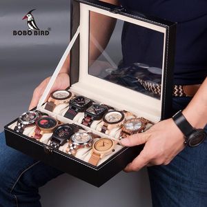 Boîtes de montre Cas de boulangette Bird Boîte noire 6/10 Slots Bijoux Ensemble de rangement Affichage cadeau Organisateur Boite Cadeauwatch