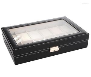 Watchboxen Cases Black 12 Raster Box Organisator Glazen opberghouder Horloge Display Boite Een Montre -cadeau voor Men Deli229305158