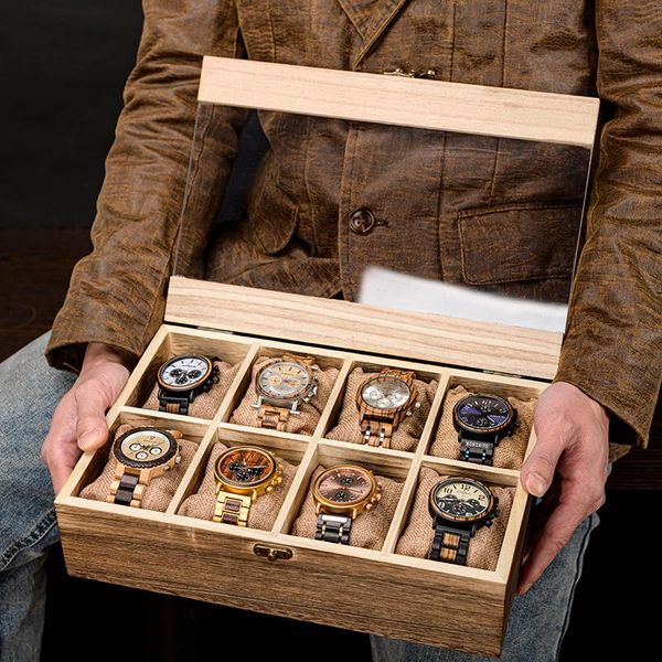 Boîtes à montres BOBO BIRD, Boîte personnalisée en bois à 8 emplacements, ensemble de bijoux, rangement, présentoir, organisateur, étui Cadeau