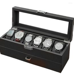 Watchboxen Koerskoolstofvezel PU Box Leather Black 12 Slots Lade Dubbele laag Opslag Organisator Handscherm Kast Giftwatch Hele22