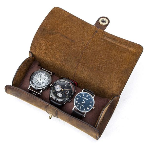 Boîtes de montres Étuis en cuir de vache 3 Slot Box Handmade Roll Travel Case Wristwatch Pouch Exquis Retro Slid In Out OrganizerWatch