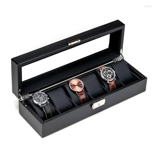 Montres Boîtes Cas Double Couche En Fiber De Carbone En Cuir Noir Couleur Boîte De Rangement Cas Pour Montres Bijoux Deli22