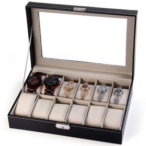 Horloge Dozen Gevallen Elegante Doos Sieraden Opslag Houder Georganiseerd 12 Grids PU Lederen Vitrine Cajas Para Relojes278f