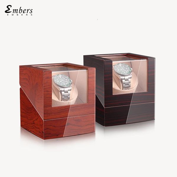 Cajas de reloj Estuches Embers Luxry Solo reloj Winder Batería Coctelera de madera Caja de reloj Bobinador automático Caja de almacenamiento de vidrio Mabuchi Motro 230607