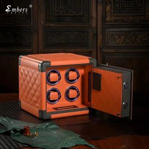 Horlogedozen Etuis Embers Luxe lederen mini watchwinder kluis oranje zwart horloge opbergdoos 4 sleuven kluis met sfeerlamp 231128