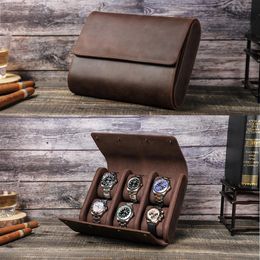 Boîtes à montres Boîte de montre en cuir véritable vitrine pour 6 montres stockage montre organisateur support hommes montres rouleau pochette exquise boîte à bijoux 231124