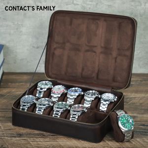 Boîtes à montres Boîtes en cuir haut de gamme pour hommes Rangement Sac à fermeture éclair Organisateur de luxe Rétro Crazy Horse Skin Prévention des chutes 10 Slot Collect 231216