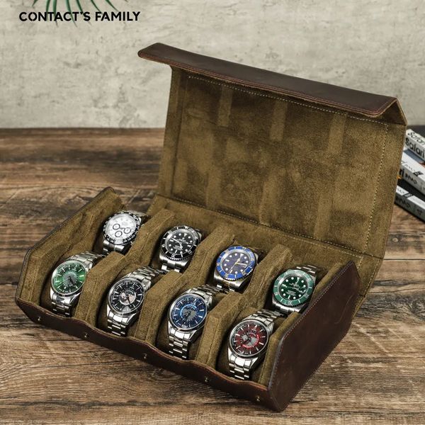 Boîtes à montres Boîtes à montres en cuir haut de gamme Organisateur pour hommes Sac de rangement de voyage Luxe Rétro Crazy Horse Skin Prévention des chutes 8 Slot Collect 231020