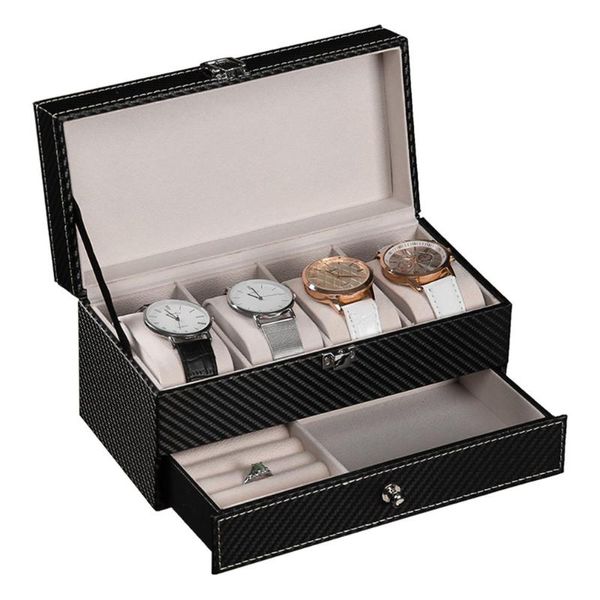 Boîtes de montres, boîtier de collection de bijoux en Fiber de carbone, boîte à 2 couches de 4 bits avec tiroir de rangement, présentoir de montres