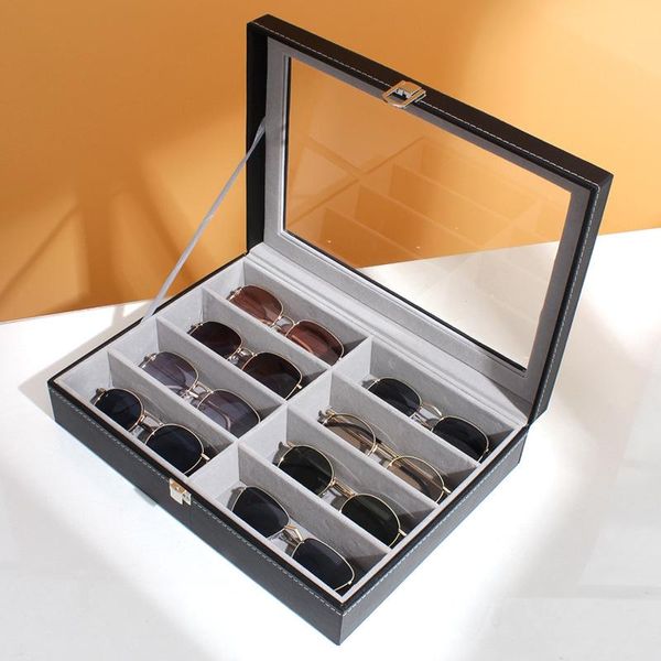 Boîtes de montres Étuis en cuir 8 grilles Lunettes de soleil Boîte de rangement Lunettes Bijoux Vitrine Lunettes Rectangle Organisateur Porte-accessoires