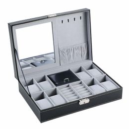 Horlogedozen Koffers Lnofxas Box 8 Sieradenvitrine Organizer Trey-opslag Zwart PU-leer met spiegel en slot 230911