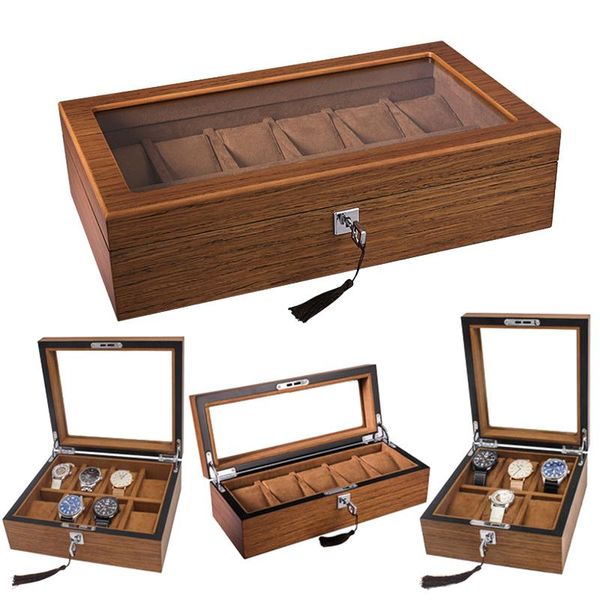 Cajas para relojes, cajas de lujo con 6 rejillas, caja de madera hecha a mano, caja para reloj, tiempo para sujetar vidrio, organizador superior de joyería, reloj para hombres y mujeres