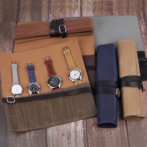 Horlogedozen Cases Luxe Vintage Watch Roll Travel Case Wet Wax Canvas Gepersonaliseerde Display Box 4 Slots Polshorloges Sieraden Opbergzakje 230607