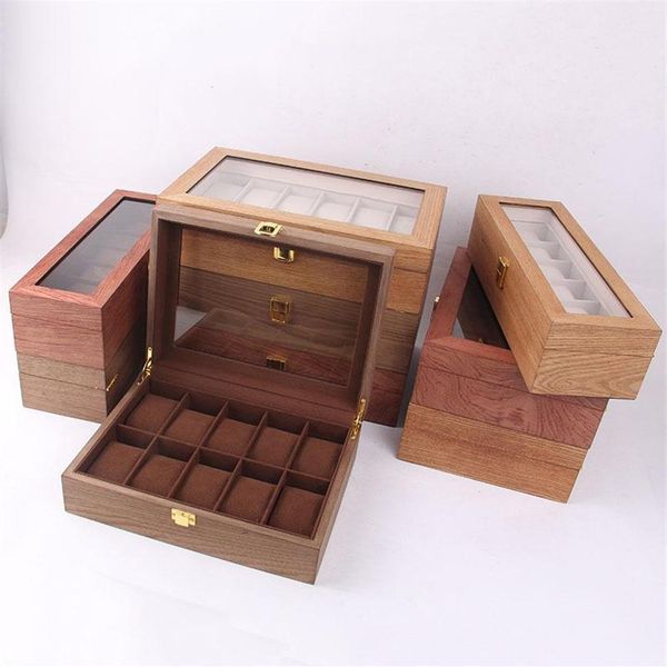 Cajas de reloj Caja de madera de lujo Estuche protector Soporte Ataúd Organizador de almacenamiento de exhibición 12 Asientos Cerradura de hebilla cuadrada Presente Cabin312o