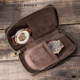 Bekijk dozen Cases Portable Travel horloges opslagcase 2 slots ritssluiting lederen koeienzakdoos display sieraden organisator cadeau voor men295s