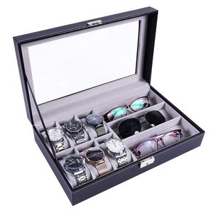 Boîtes de montres en cuir PU, support de boîte pour montres hommes, dessus en verre, lunettes, organisateur de bijoux multi-grilles