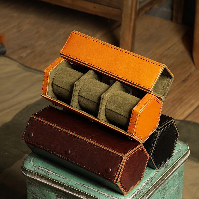 Uhrenboxen, strukturiertes, einzigartiges Design, sechseckiges Reise-Rolletui aus Leder mit 3 Fächern, Organizer