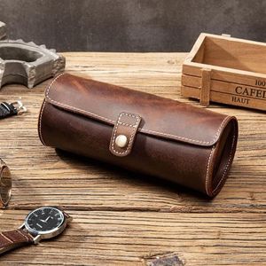 Boîtes de montres Cas Voyage Cas Rouleau Organisateur Vintage Exquis Forme Ronde Sac De Rangement En Cuir Cadeaux Uniques Pour Père Mari L259u